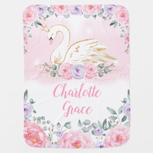 Magical Swan Princess Pink Purple Floral Nursery Baby Blanket (Front)