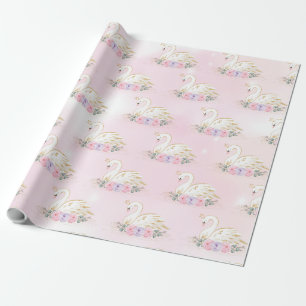 Magical Swan Princess Pink & Purple Flowers Wrapping Paper