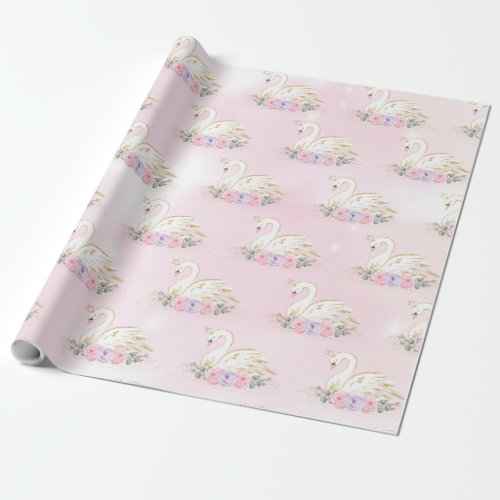 Magical Swan Princess  Pink  Purple Flowers Wrapping Paper