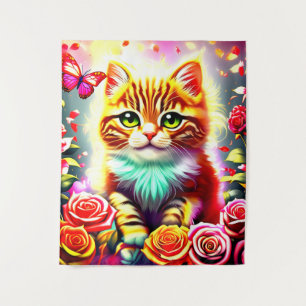 "Magical Tabby Cat with Roses and Butterfly Art Pr Tapestry