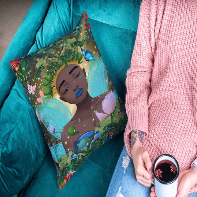 Magical Tale of an African American Black Fairy Throw Pillow (Creator Uploaded)