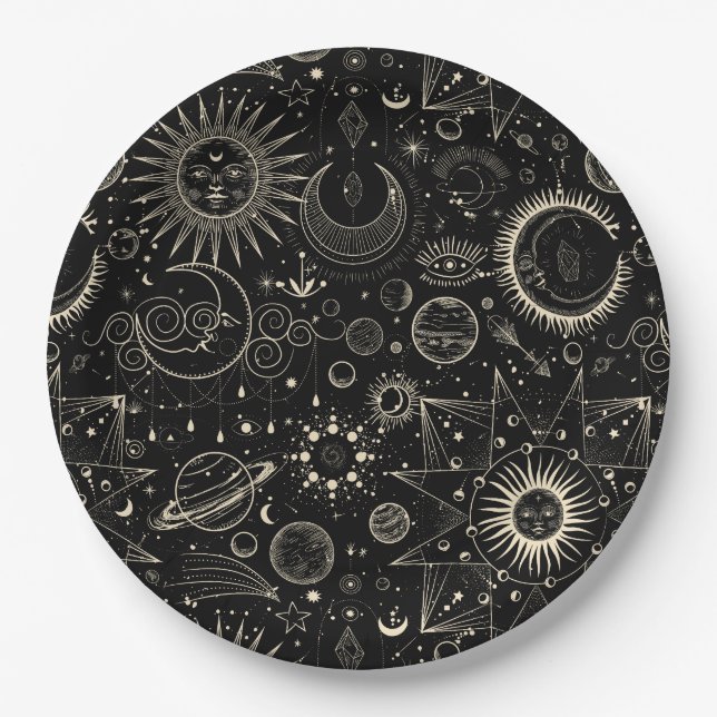 Magical tarot astrology boho celestial pattern paper plates (Front)