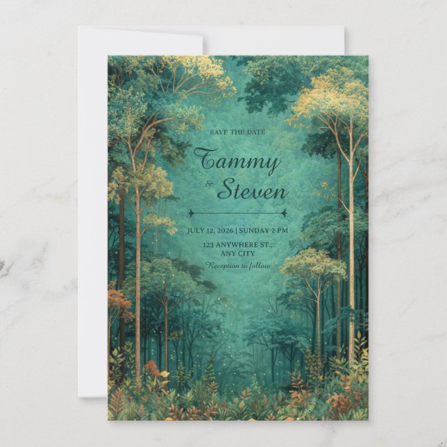 Magical Teal Forest Firefly Wedding Invitation (Front)