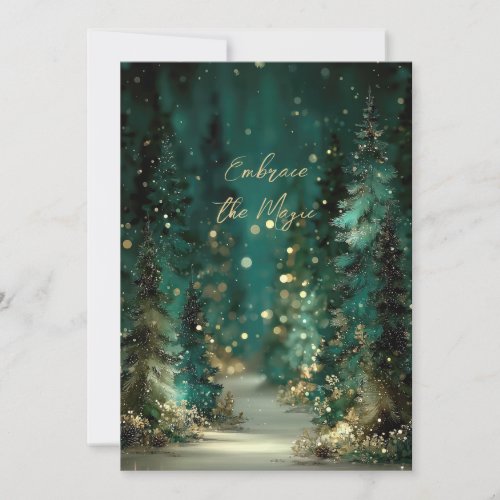 Magical Teal Green Forest Gold Bokeh Flat Card