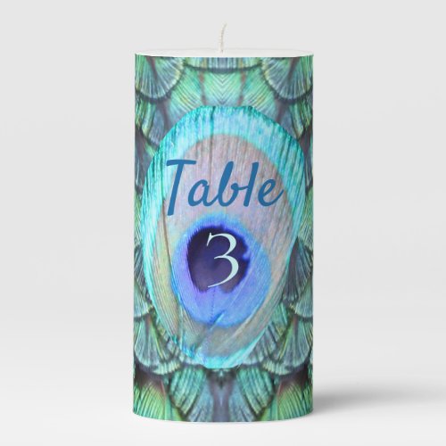 Magical Teal Peacock Feather Wedding Table Number Pillar Candle
