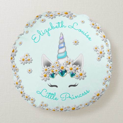 Magical Teal Unicorn Princess Crown Nursery Round Pillow