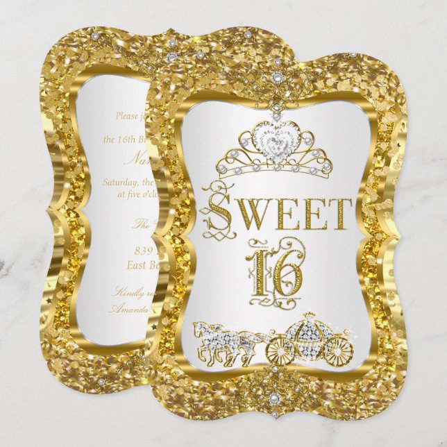 Magical Tiara Princess Sweet 16 Gold White Invite (Front/Back)