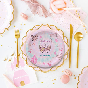 Magical Tie Dye Unicorn Coquette Bow Birthday Paper Plates
