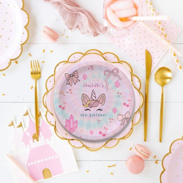Magical Tie Dye Unicorn Coquette Bow Birthday  Paper Plates (Creator Uploaded)