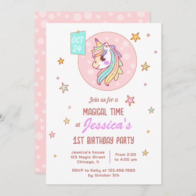 Magical Time Rainbow Baby Unicorn First Birthday Invitation (Front/Back)