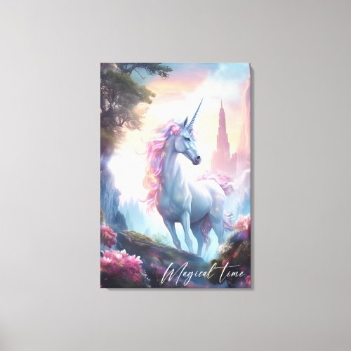 Magical time unicorn with castle fairy tale gift canvas print