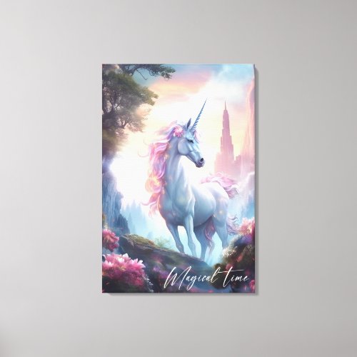 Magical time unicorn with castle fairy tale gift  canvas print