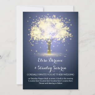 Magical tree 1, sparkling lights blue wedding invitation