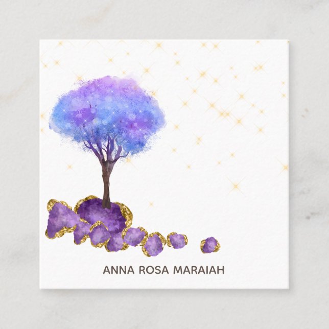 *~* Magical Tree Amethyst Jewels Gold Glitter Square Business Card (Front)