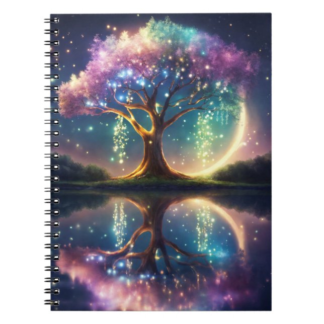 Magical tree of life with sparkles at night notebook (Front)
