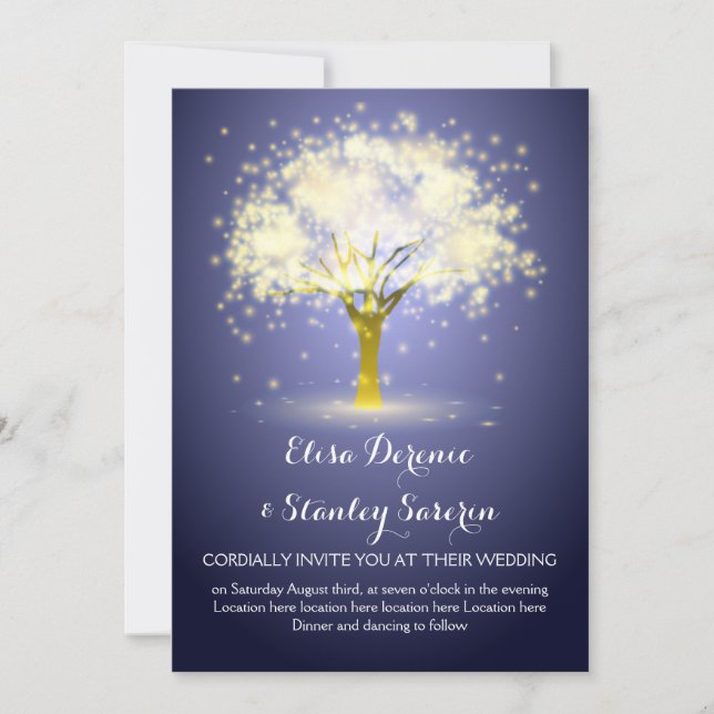 Magical tree, sparkling lights blue wedding invitation (Front)