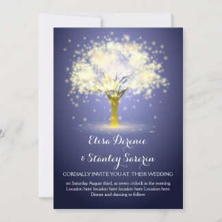 Magical tree, sparkling lights blue wedding invitation