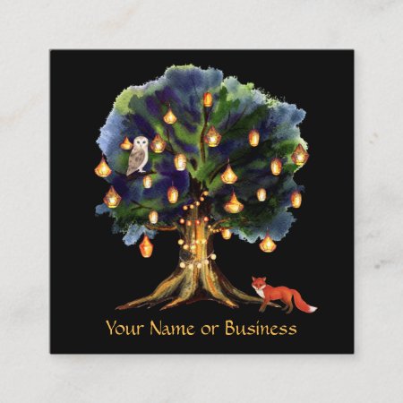 Magical Tree With Lanterns Woodland Fox, Owl Square Business Card