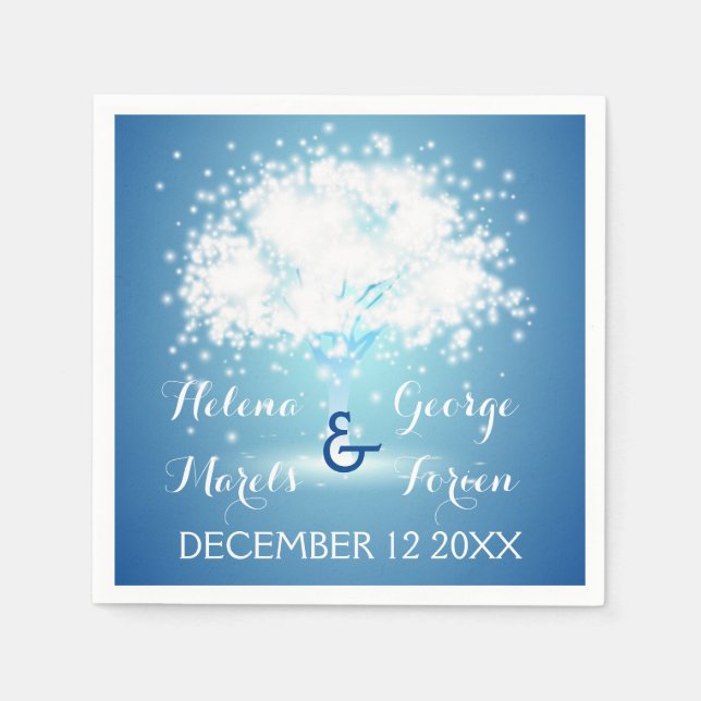 Magical tree with sparkling lights blue wedding paper napkins (Front)