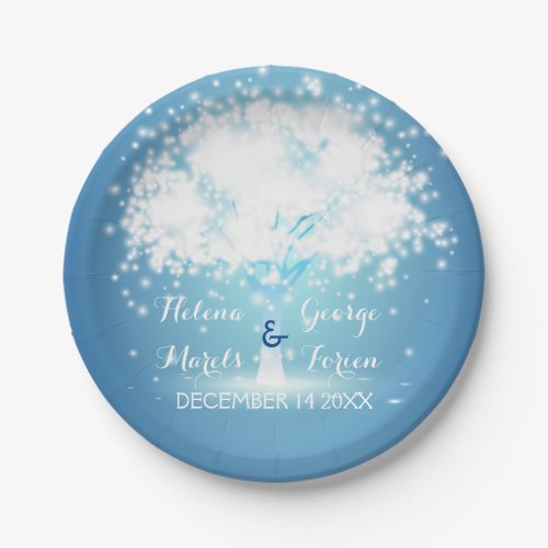 Magical tree with sparkling lights blue wedding paper plates