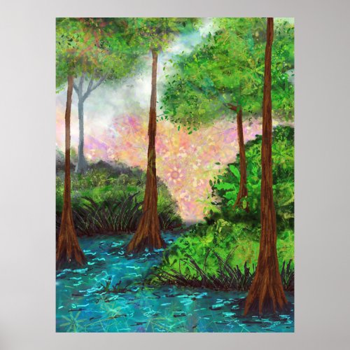 Magical Trees Pond Colorful Sky Poster