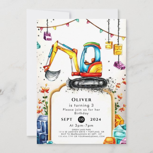 Magical Truck Construction Birthday Invitation (Front)