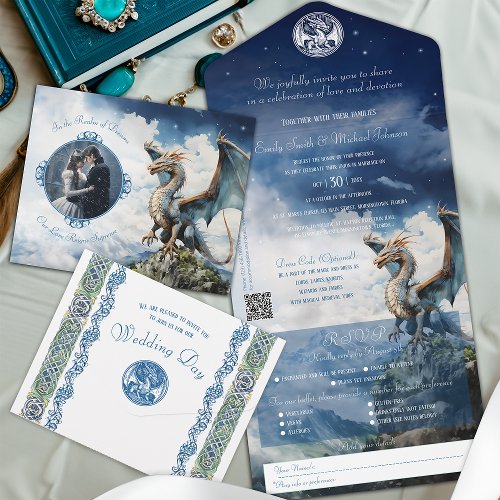 Magical Turquoise and Blue Celtic Dragon Fantasy All In One Invitation