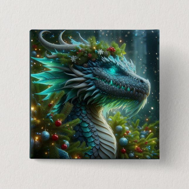 Magical Turquoise Christmas Dragon Button (Front)