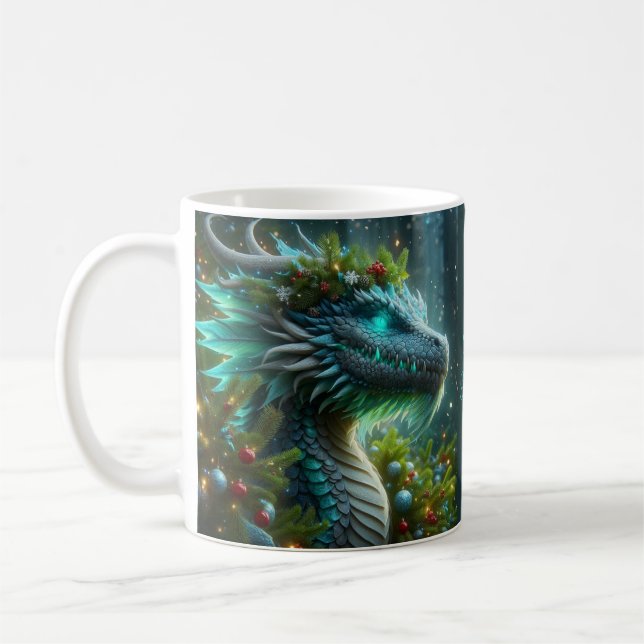 Magical Turquoise Christmas Dragon Coffee Mug (Left)