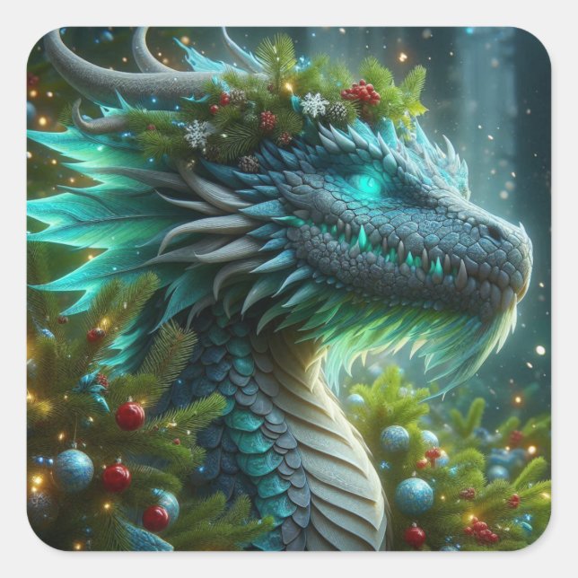 Magical Turquoise Christmas Dragon Square Sticker (Front)