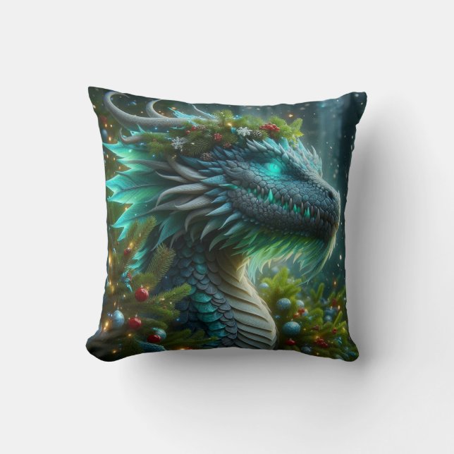 Magical Turquoise Christmas Dragon Throw Pillow (Front)