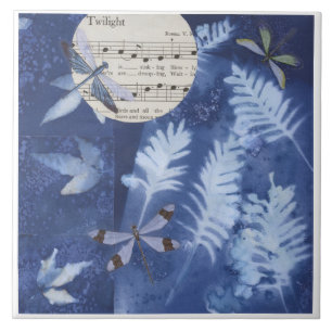 Magical Twilight Dance Dragonfly Cyanotype Ceramic Tile