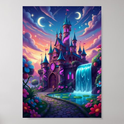 Magical Twin Moon Castle Waterfall Fantasy Poster