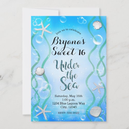 Magical Under The Sea Aqua Blue Sweet 16 Birthday Invitation