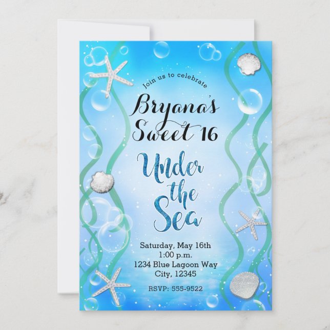 Magical Under The Sea Aqua Blue Sweet 16 Birthday  Invitation (Front)