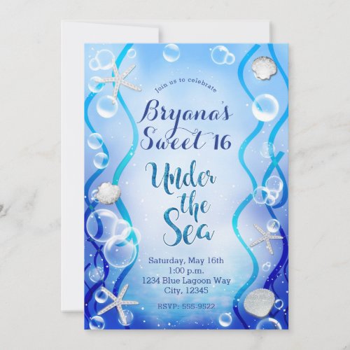 Magical Under The Sea Blue Fade Sweet 16 Birthday Invitation