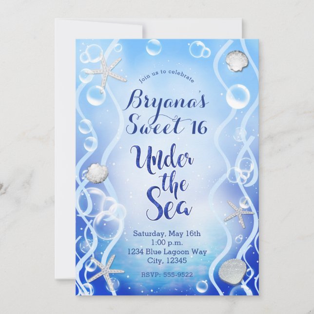 Magical Under The Sea Blue Fade Sweet 16 Birthday Invitation (Front)