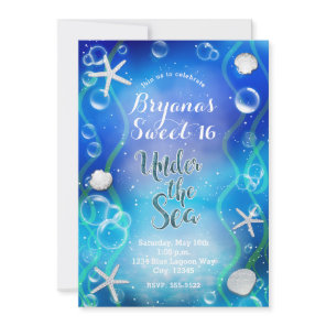 Magical Under The Sea Dark Blue Sweet 16 Birthday Invitation