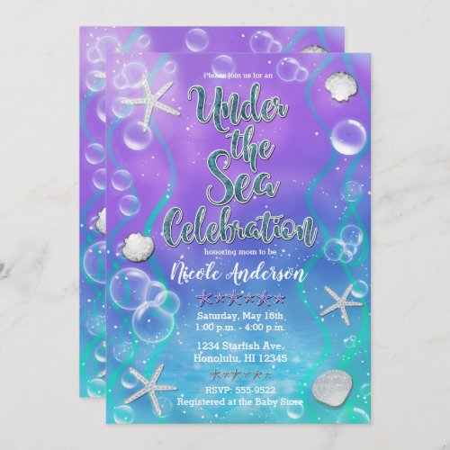 Magical Under The Sea Purple Teal Baby Shower  Invitation