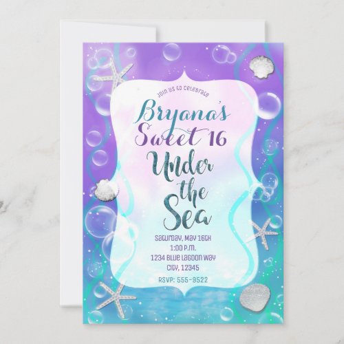 Magical Under The Sea Purple Teal Sweet 16 Party Invitation