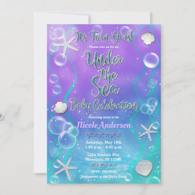 Magical Under The Sea Purple Twins Baby Shower  Invitation (Front)