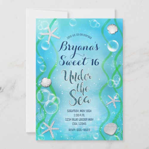 Magical Under The Sea Teal Blue Sweet 16 Invitation
