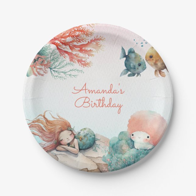 Magical Under The Sea Watercolor Birthday Party  Paper Plates (Front)