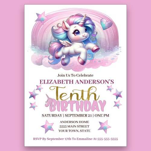 Magical Unicorn 10th Birthday Invitation