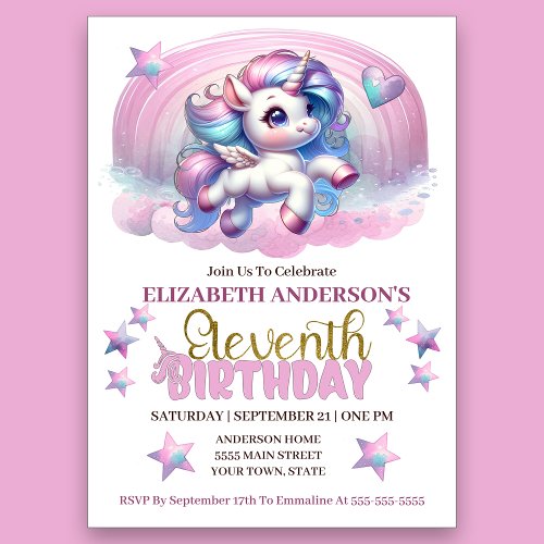 Magical Unicorn 11th Birthday Invitation