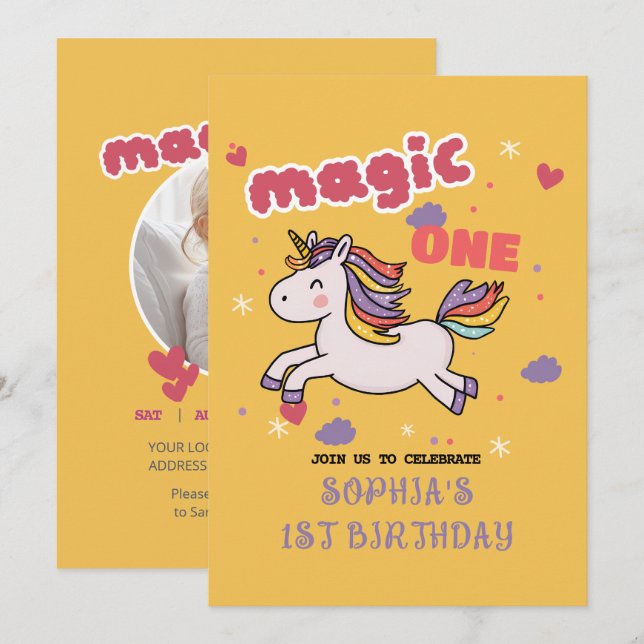 Magical Unicorn 1st Birthday Invitation (Front/Back)