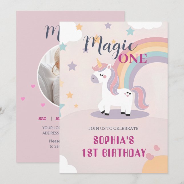 Magical Unicorn 1st Birthday Invitation (Front/Back)