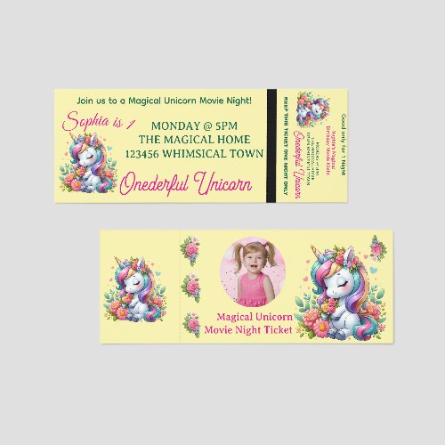 Magical Unicorn 1st Birthday Movie Night Invite Raffle Tickets
