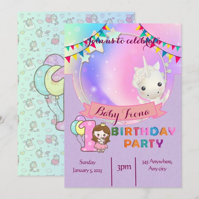 Magical Unicorn- 1st Birthday Party Invitation (Front/Back)