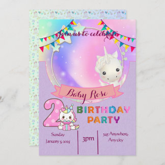 Magical Unicorn- 2nd Birthday Party Invitation